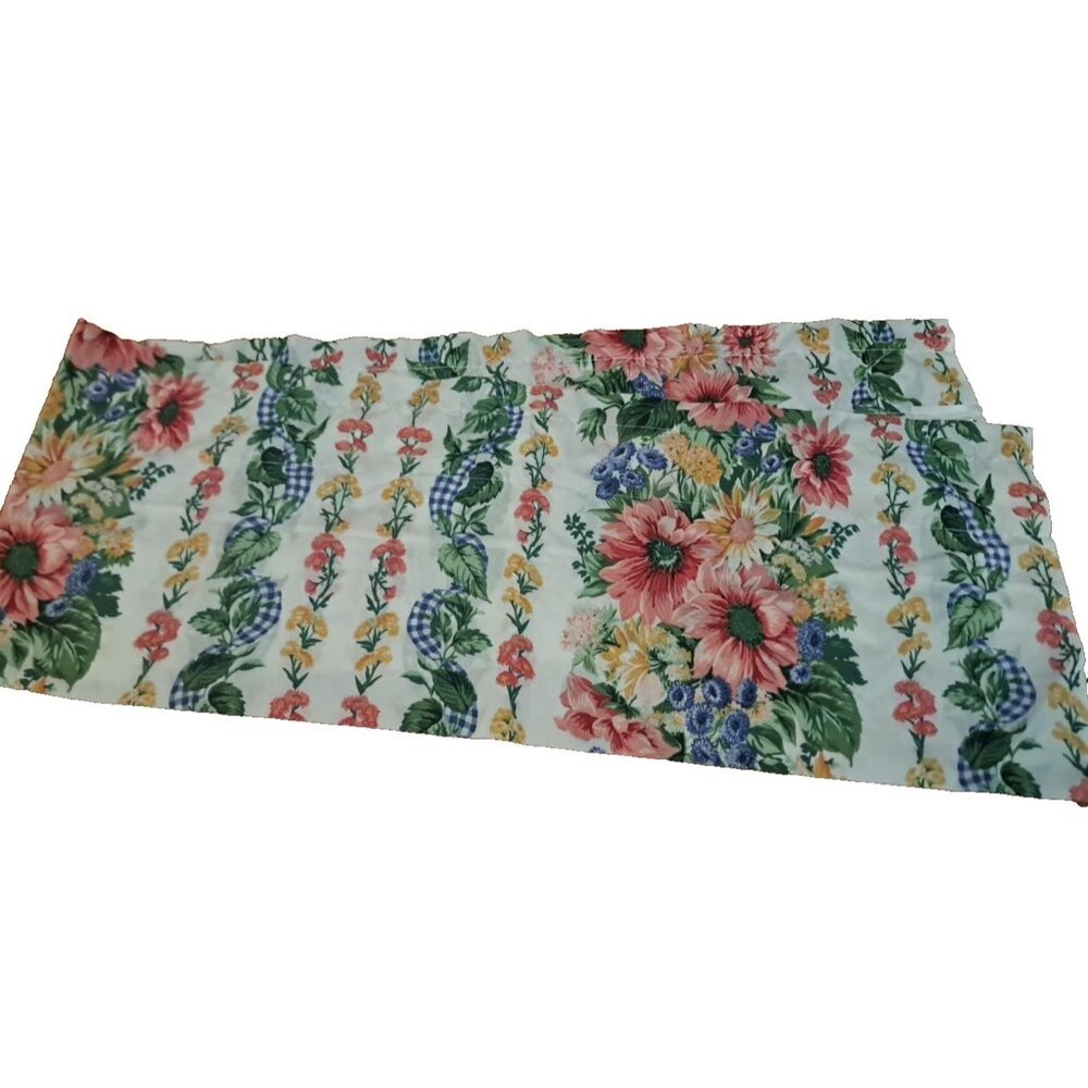 Vintage Blue Gingham Window Valance Floral Cottage Country Garden 72x13.5